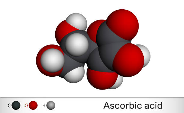 Ascorbic acid, vitamin C, C6H8O6 molecule. Food additive E300. Molecular model Ascorbic acid, vitamin C, C6H8O6 molecule. Food additive E300. Molecular model. 3D rendering vitamin c chemical formula stock illustrations