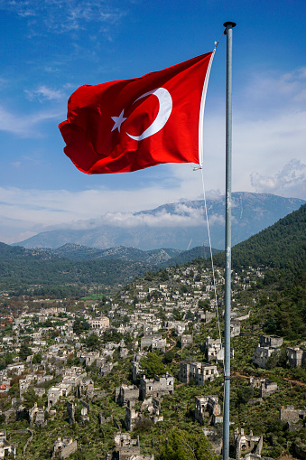 Turkish flag in the Kaya village. Kaya Village is also in Fethiye, Turkey.