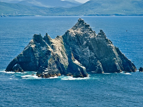 View looking down on Lesser Skellig from the Gaelic monastery on Skellig Michael. Skellig Michael is just off the southern coast of Ireland.  The monastery was founded between the 6th and 8th centuries.