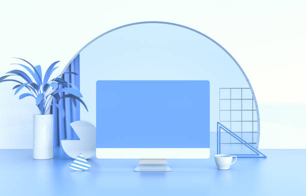 istock 3d scene with desktop computer and  marketing tools icon. Working from home concept. 1216809524