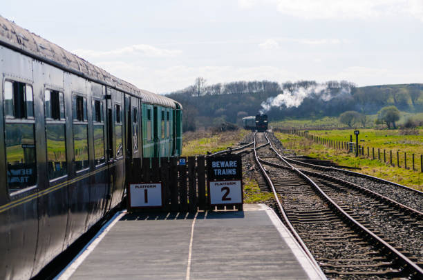 istock Steam train approaches a platform with another train stationary. 1216810901