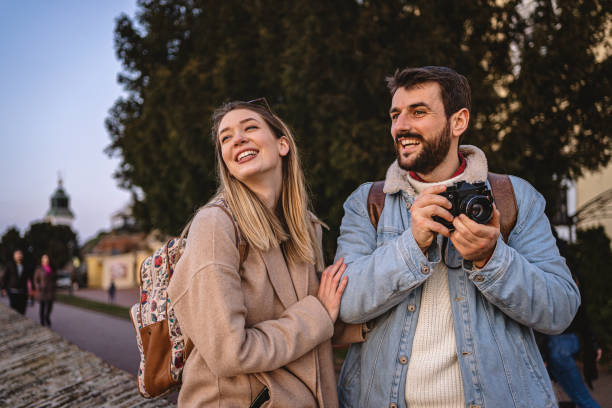 istock Excited couple on their vacation exploring old fortress 1216816398