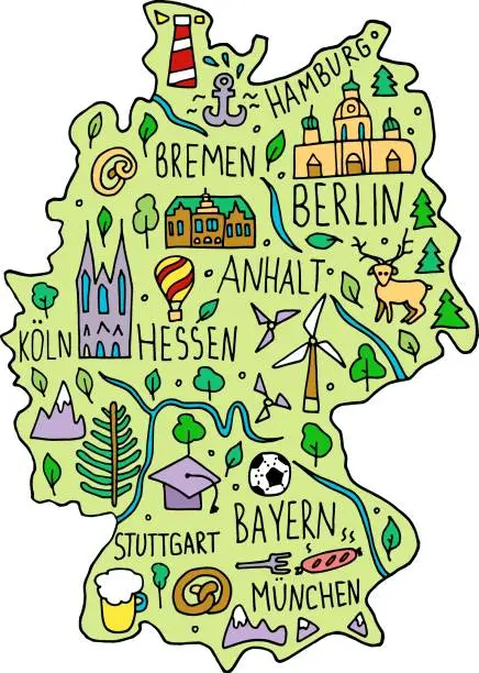 Vector illustration of Colored Hand drawn doodle Germany map. German city names lettering and cartoon landmarks,