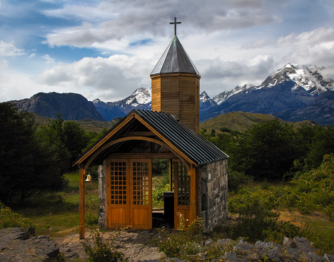 Small brown wooden church in beautiful nature, Patagonia, South America