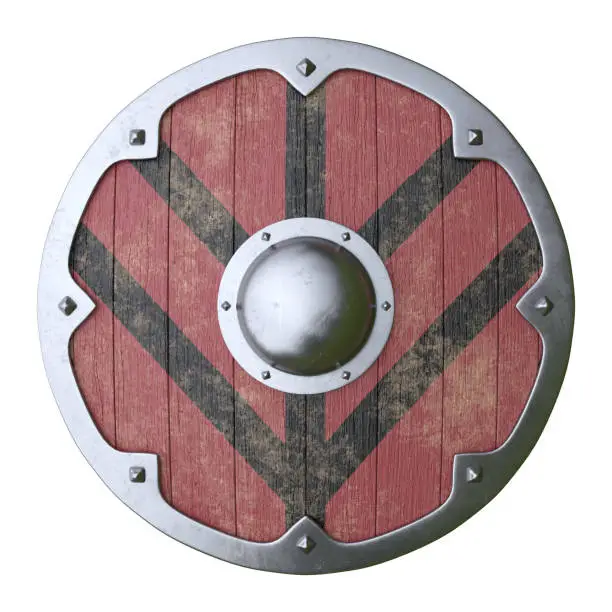 Wooden medieval round shield, viking shield painted black and red, isolated on white background, 3d rendering 3d illustration
