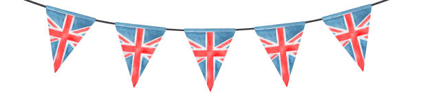 istock Watercolor illustration of festive British bunting with Union Jack triangular flag. Hand painted water color sketchy drawing on white background, cutout clip art element for design, print, decoration. 1216822201