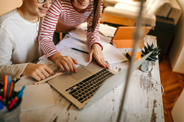 istock Boy and girl using laptop for online learning 1216823885