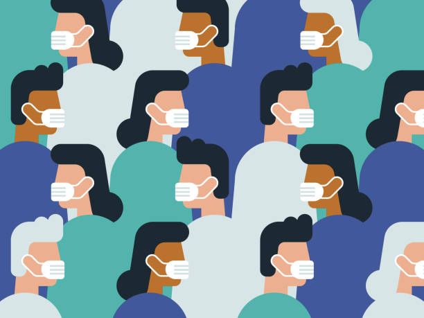 Illustration of crowd wearing medical masks Modern flat vector illustration appropriate for a variety of uses including articles and blog posts. Vector artwork is easy to colorize, manipulate, and scales to any size. crowd of people clipart stock illustrations