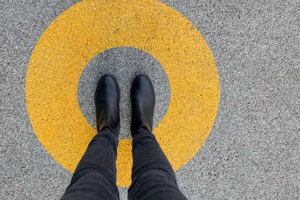 Photo of Black shoes standing in yellow circle on the asphalt concrete floor. Comfort zone or frame concept. Feet standing inside comfort zone circle