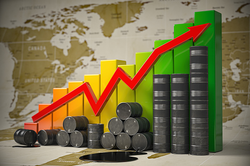 Oil barrels and growth graph on world map background. Oil price or production increase concept. Growth of oil and petroleum ndustry. 3d illustration
Map of the World was created me in Adobe Illustrator