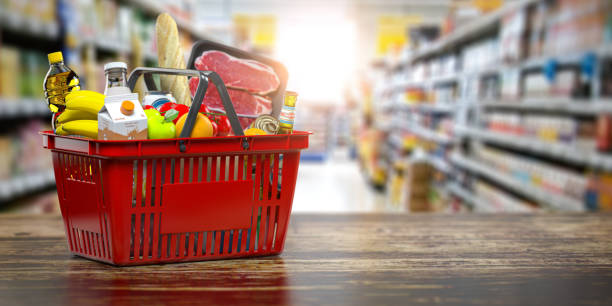 Shopping basket with fresh food. Grocery supermarket, food and eats online buying and delivery concept. Shopping basket with fresh food. Grocery supermarket, food and eats online buying and delivery concept. 3d illustration basket stock pictures, royalty-free photos & images