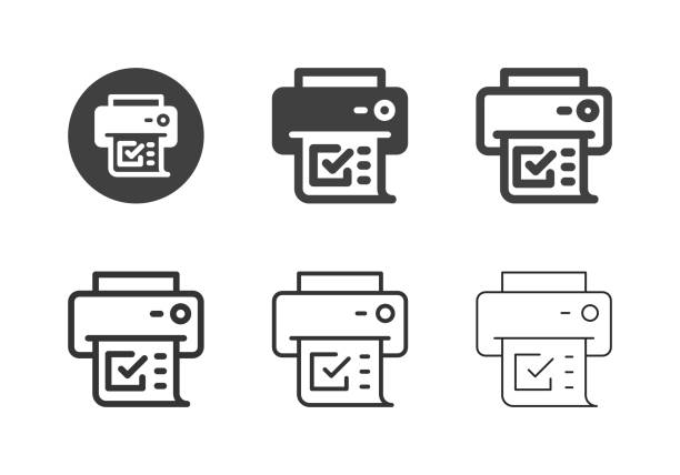 illustrazioni stock, clip art, cartoni animati e icone di tendenza di icone stampante computer - serie multi - computer printer printing out report printout