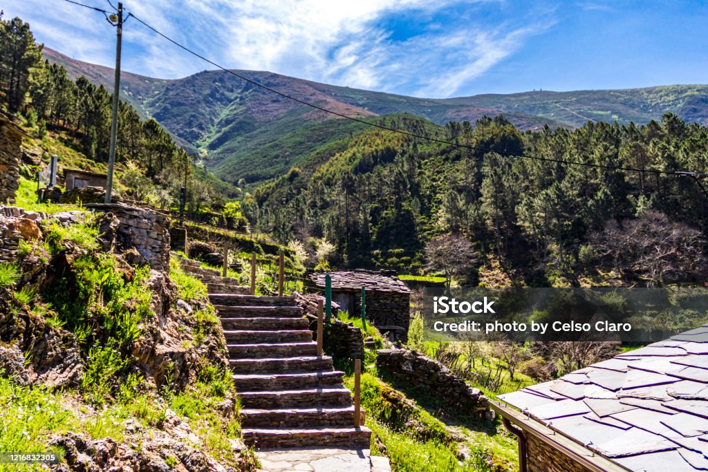 View to the mountains detail of the schist village of Piódão, Portugal Beauty In Nature Stock Photo