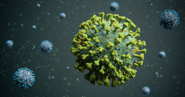 istock Green COVID-19 Corona Influenza Virus Molecule with Blue Contrast Molecules Floating in Particles - nCOV Coronavirus Pandemic Outbreak Cover Photo 3D Rendering 1216833773