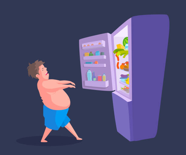 Man sleepwalker in underwear walks to the open door refrigerator. Unhealthy addiction. Night overeating. Vector cartoon illustration. midnight illustrations stock illustrations