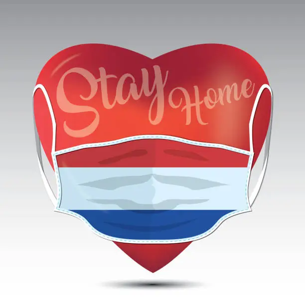 Vector illustration of Red heart with medical mask. Covid 19 design. Stay home concept with Netherlands flag.