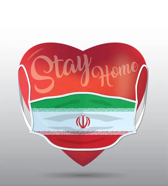 Vector illustration of Red heart with medical mask. Covid 19 design. Stay home concept with Iran flag.