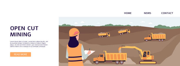 Open cut mining banner with industrial worker woman and industrial trucks Open cut mining banner with industrial worker woman writing on paper document looking at trucks working on mine quarry pit. Flat vector illustration. woman on exercise machine stock illustrations