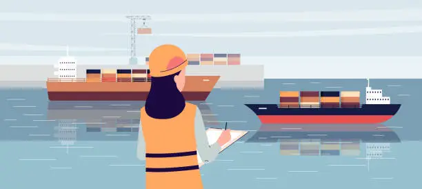 Vector illustration of Industrial ship port worker standing on loading dock and writing in notepad