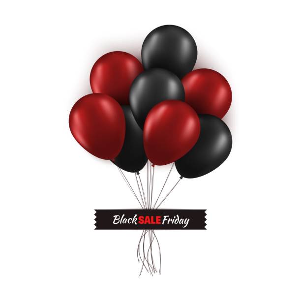 istock Black Friday promo concept. Bunch of black and red balloons with strings glued with black tape isolated on white background . Vector card illustration for your graphic design 1216839618