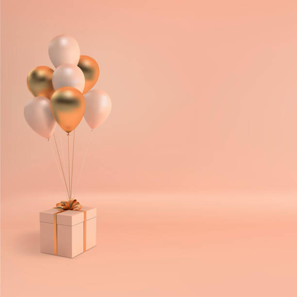 istock Vector illustration of realistic balloons and gift box with bow on beige background. Empty space for party, promotion social media banners, posters. 1216840789