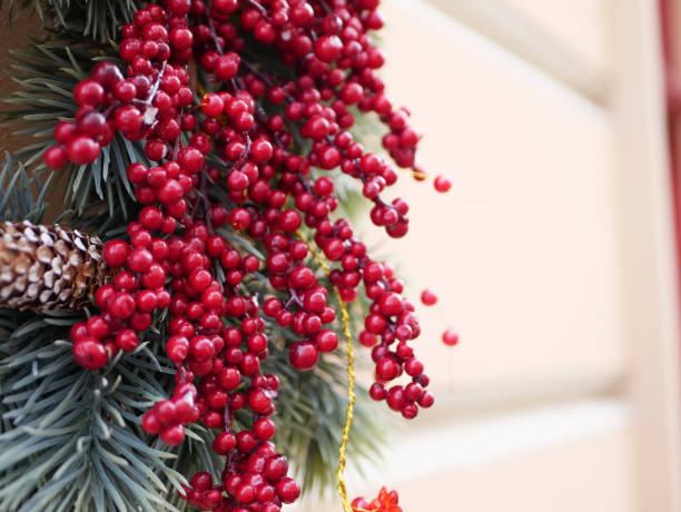 istock Rowan tree with fir cones on a beige background. Place for text. flat lay. New Years decor 1216840825