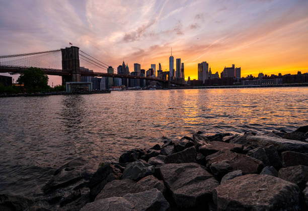 Brooklyn Bridge Park with no people at sunset, Lower Manhattan on the background