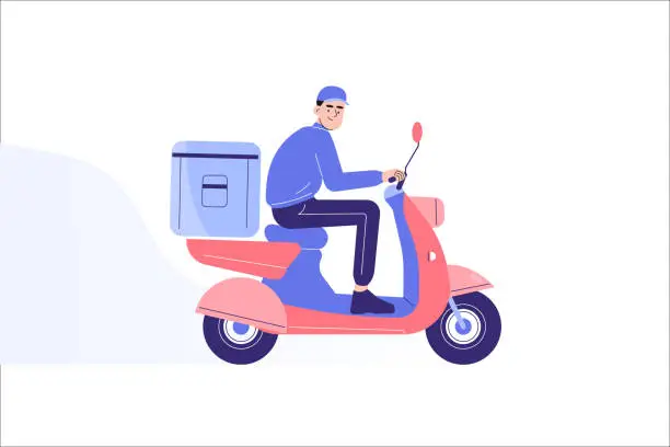 Vector illustration of Online delivery and courier service concept. Delivery man riding scooter or moped to deliver packages or food to destination. Online order tracking. Delivery home and office. Vector illustration