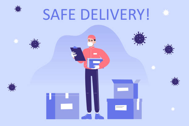 Safe delivery and courier service during a Coronavirus (COVID-19) novel. Delivery man in a medical mask holding delivery box. Logistics and safe delivery concept. Vector illustration vector art illustration