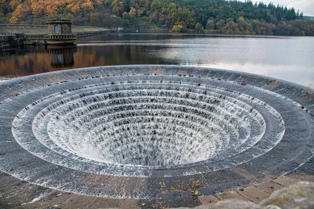 Large plughole at the Ladybower reservoir in overflow in the UK