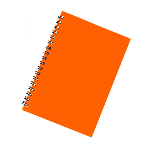 orange farbe bedeckt ein-notiz-papier-tagebuch isoliert auf einem leeren weißen hintergrund - spiral notebook stock-fotos und bilder