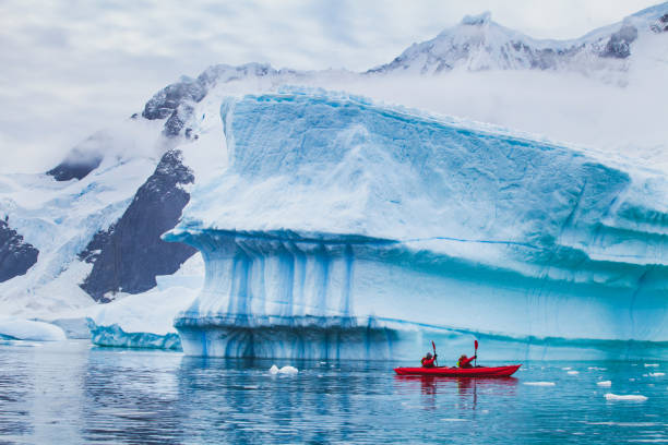 expedición en kayak en la antártida - travel adventure winter cold fotografías e imágenes de stock