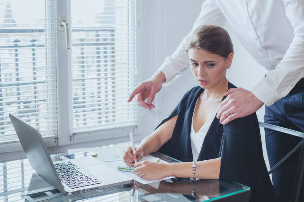 sexual harassment at work sexual harassment at work, office woman employee and her lustful boss, abuse discrimination stock pictures, royalty-free photos & images