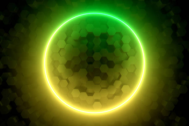 3d rendering of abstract hexagon pattern background with ultraviolet neon lights, empty frame, glowing lines. Black Background.