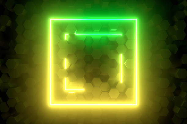 istock 3d abstract background with ultraviolet neon lights, empty frame, glowing tunnel door on hexagon pattern background. 1216848043