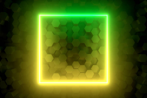 istock 3d abstract background with ultraviolet neon lights, empty frame, glowing tunnel door on hexagon pattern background. 1216848082
