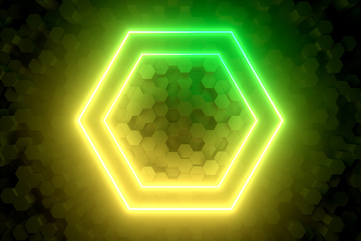 3d rendering of abstract hexagon pattern background with ultraviolet neon lights, empty frame, glowing lines. Black Background.