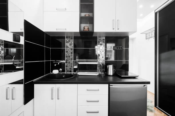 현대 흑백 부엌 - real estate decoration black and white architecture 뉴스 사진 이미�지