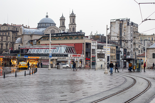 Empty view of Taksim Square, Beyoglu, Istanbul. Many people are at home these days due to the new type of coronavirus pandemic and the government's call to stay home.