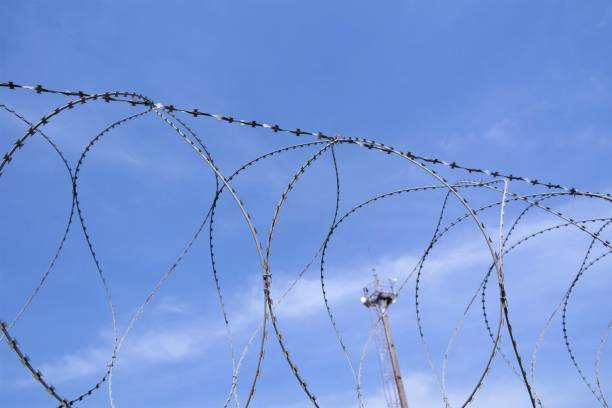 istock barbed wire fence against the blue sky 1216850853