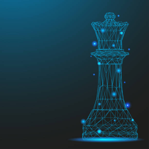 Chess piece queen consisting of points and lines Chess piece queen consisting of points and lines. Low poly wireframe on blue background. Creative minimal concept. Abstract illustration of a starry sky of galaxies. Digital Vector illustration. three dimensional chess stock illustrations