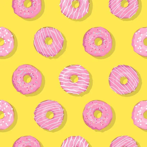 Vector illustration of Vector seamless pattern with pink glaze donuts, sugar icing on yellow background.