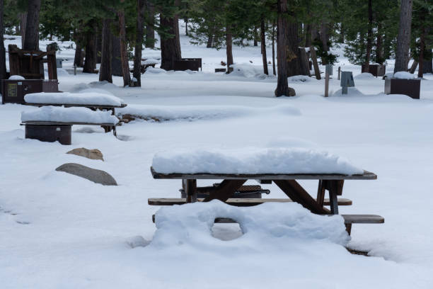 istock Picnic Table Covered in Snow at Closed Campground 1216853294