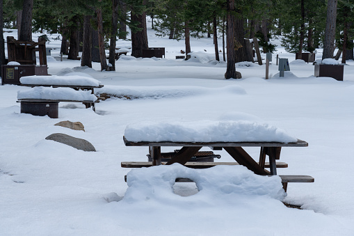 Picnic table covered in snow at closed campground in the Sierra Nevada mountains.