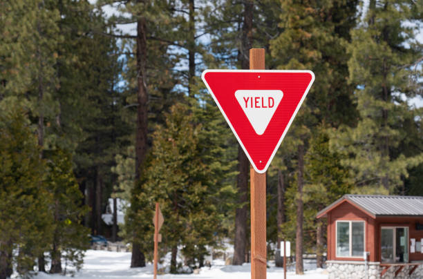 istock Yield Sign on Wooden Post at Closed Campground 1216853345