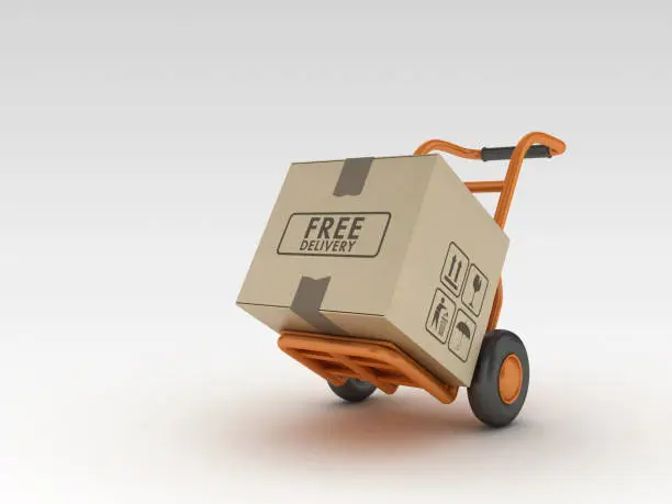 Photo of Hand Truck and Cardboard Box with FREE DELIVERY Label - 3D Rendering