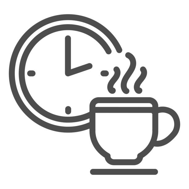 ilustraciones, imágenes clip art, dibujos animados e iconos de stock de icono de línea de rotura de café. reloj y taza, tiempo para relajarse y beber símbolo, estilo de contorno pictograma sobre fondo blanco. firma de negocios o cafetería para concepto móvil y diseño web. gráficos vectoriales. - hacer una pausa