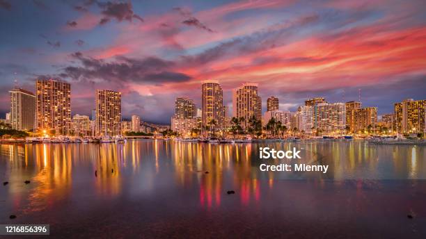 Honolulu Cityscape Refelctions At Night Ala Wai Waikiki Oahu Hawaii Stock Photo - Download Image Now