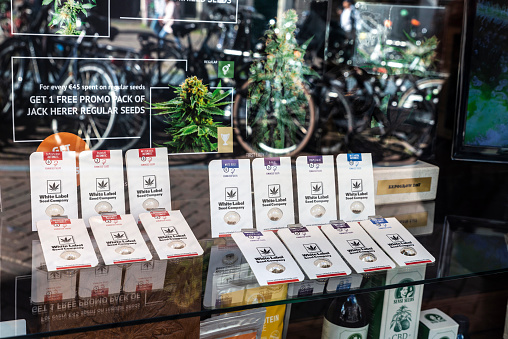 Amsterdam, Netherlands - September 7, 2018: Display of a Hash Marihuana and Cannabis shop in Amsterdam, Netherlands