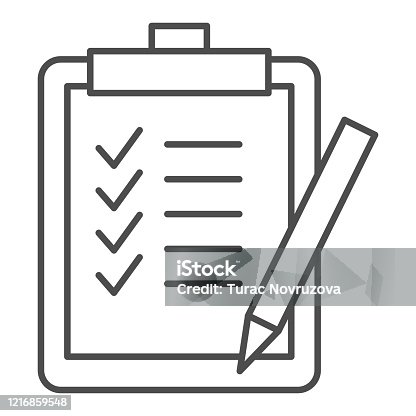 istock Task list thin line icon. Clipboard with checklist paper and pen symbol, outline style pictogram on white background. Business sign for mobile concept and web design. Vector graphics. 1216859548